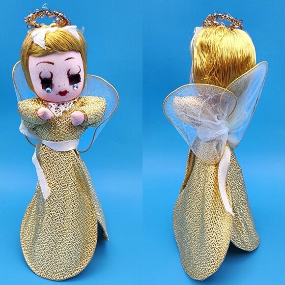 1960s Gold Stockinette Angel Tree Toppers Pair Rhinestone Tears Tulle Wings Gold - Picture 4 of 10